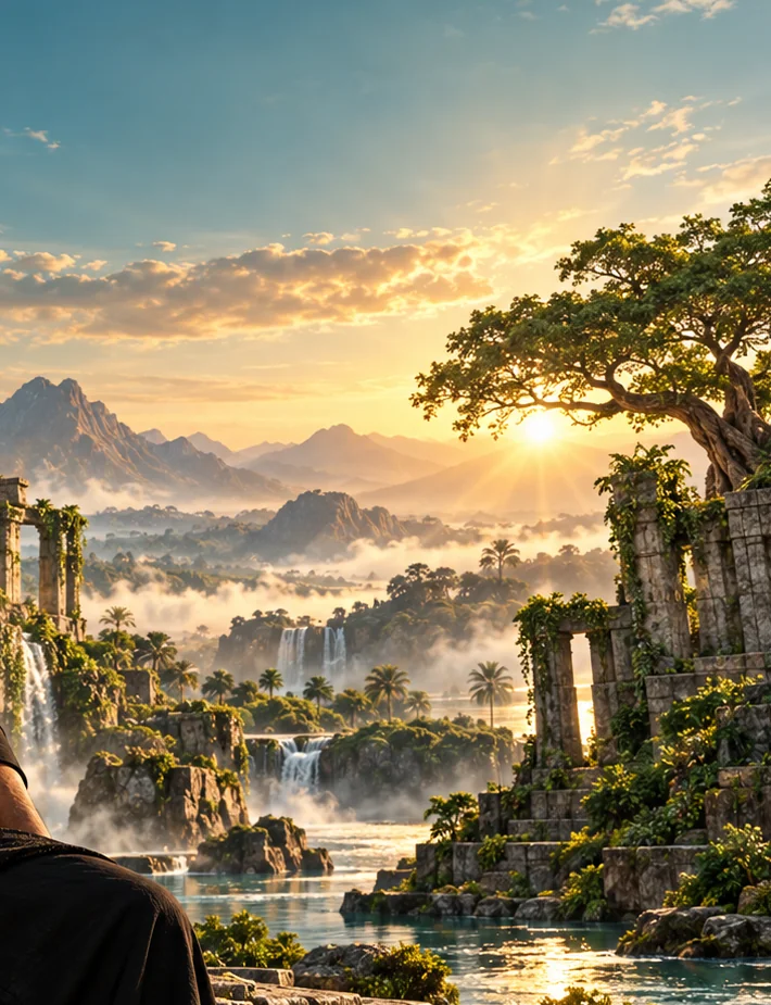 Ancient tree by a waterfall symbolising restoration
